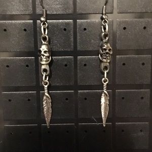 One of a kind, handmade Skull Feather Earrings